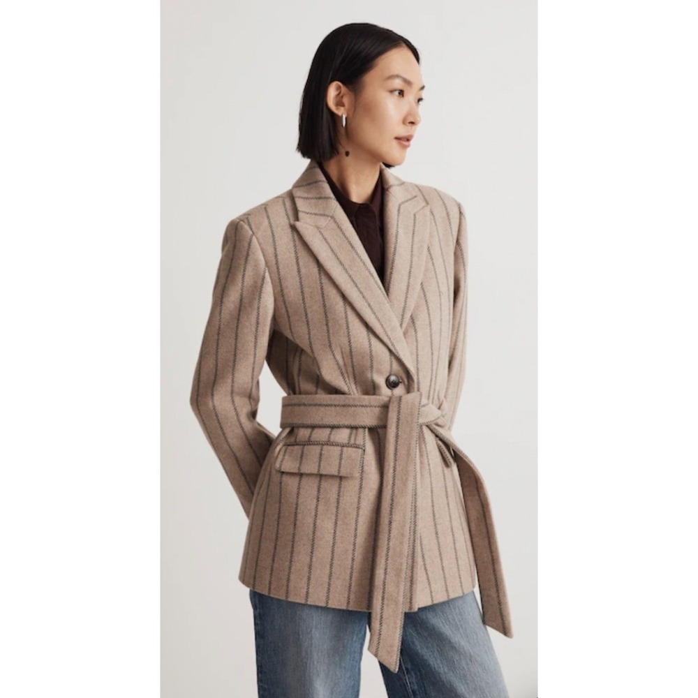 Madewell Bedford Oversized Blazer 14 Tan Stripe Belt Wool Academia Quiet Luxury